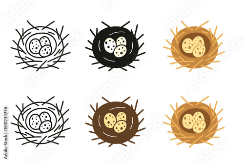 Quail Egg Nest. Nest with tiny quail eggs and scattered straw, abstract minimal vector illustration, first in line style with thin