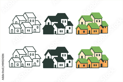 Colorful Village Illustrations. Small village with moss-covered rooftops nestled together, abstract minimal vector illustration,