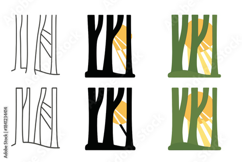 Beech Forest Abstract. Sunlight filtering through slender beech tree trunks in a forest, abstract minimal vector design, first in