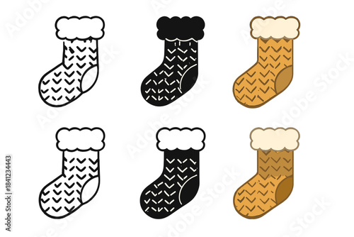Colorful Knitted Sock Icons. Knitted wool sock with fluffy texture and warm appearance, clean geometric minimal icon, first in
