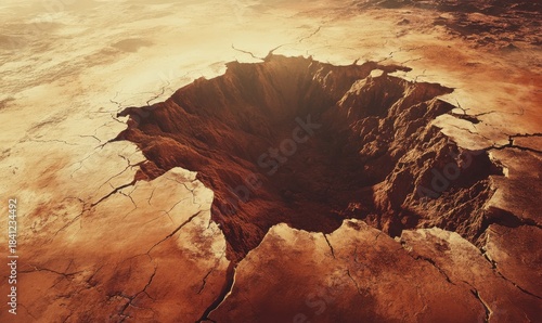 Abstract cracked earth texture with deep fissures, rich brown and red tones, soft overhead light creating shadows, arid desert environment, high-detail composition