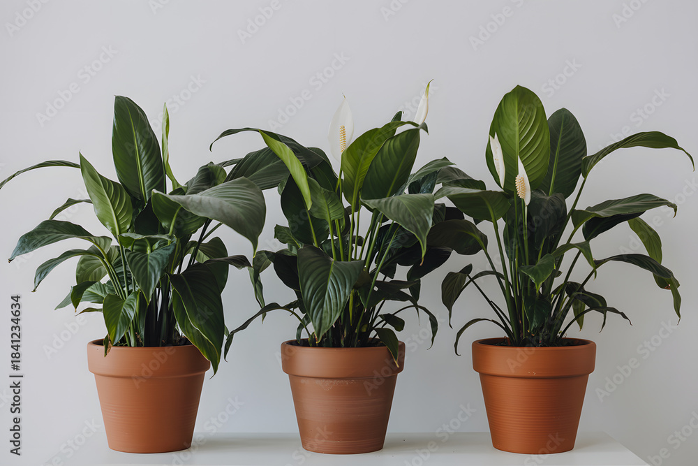 Obraz premium Three healthy Spathiphyllum (peace lily) plants in terracotta pots on a white background, showcasing glossy leaves and minimalist design. Ideal for home decor or gardening themes.