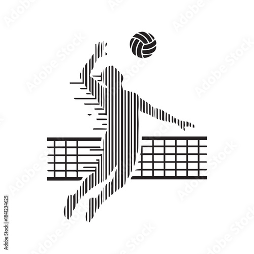 Abstract volleyball player silhouette jumping to spike the ball. Modern sport symbol created with vertical lines vector illustration.