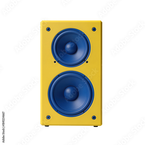 Bright yellow speaker with blue woofers isolated object