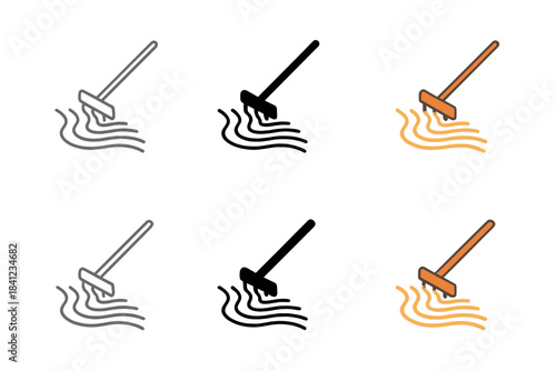 Rake Icon Styles. Minimal rake icon leaving perfect ripple lines in sand, symbol of mindfulness and precision, first in line style