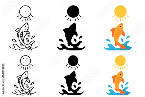 Koi Lunar Leap. Koi fish leaping toward a glowing moon-shaped lantern above water, smooth modern vector illustration, first in