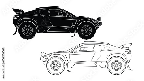 Detailed black and white line drawing of a sporty off road vehicle design