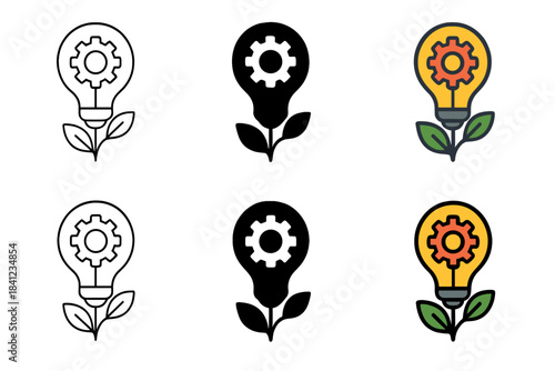 Leafy Gear Lightbulb. Lightbulb sprouting a leaf stem with visible gear cogs inside the glass, smooth modern vector illustration,