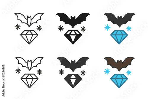 Bat Above Crystal Gem. Bat flying above a crystal gem surrounded by falling snowflakes, elegant minimal vector design, first in
