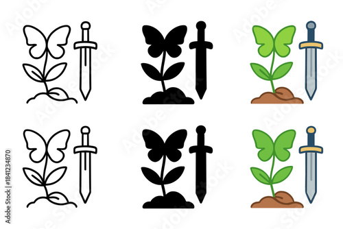 Sprouting Butterfly Plant. Seed sprouting into a plant with butterfly-shaped leaves and a sword leaning beside it, smooth modern