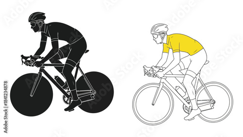 Two cyclists in contrasting styles a black silhouette and a yellow outline
