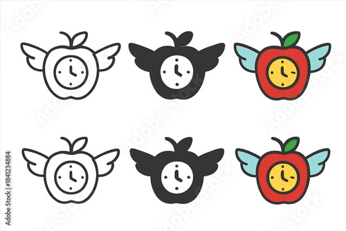 Time-Flying Apple Icon. Apple with clock face embedded at its core and small wings on each side, minimalist vector icon set, first