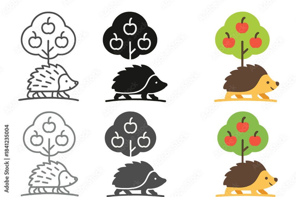 Fototapeta premium Hedgehog's Fruitful Journey. Hedgehog Apple Path, stylized animal icon walking peacefully under trees with fruit motifs, first in