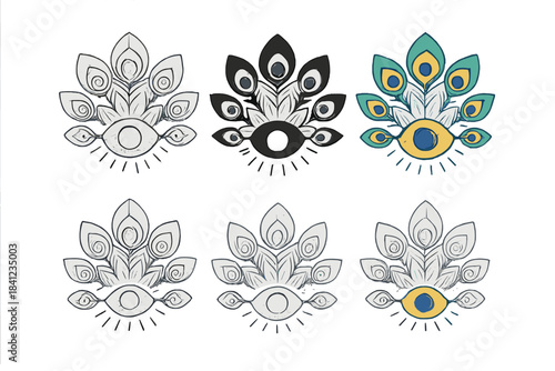 Radiant Peacock Eye. Cluster of peacock feathers arranged like a radiant eye, clean geometric vector icons, first in line style