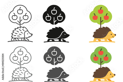 Hedgehog's Fruitful Journey. Hedgehog Apple Path, stylized animal icon walking peacefully under trees with fruit motifs, first in