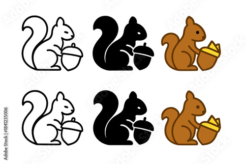 Modern Squirrel Icons. Squirrel Acorn Book, modern nature-inspired icon capturing woodland charm and thoughtful balance, first in
