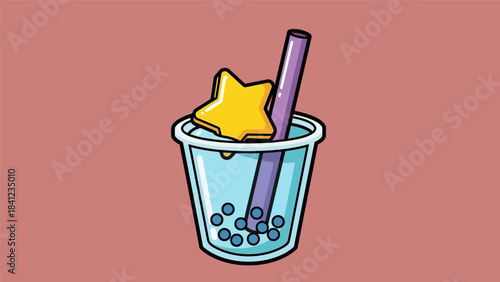 Cartoon Boba Tea with Star Topping and Purple Straw.