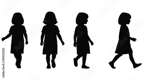 Silhouettes of four young girls walking in a row black and white