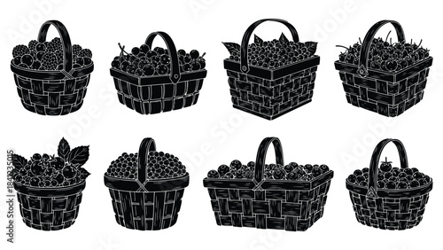 Collection of woven baskets filled with various berries and leaves arranged neatly