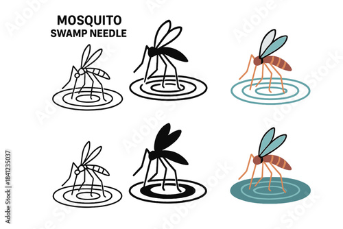 Stylized Mosquito Designs. Mosquito Swamp Needle, stylized insect composition with fine lines, circular ripples, and balanced
