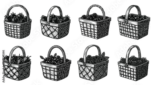An arrangement of wicker baskets filled with dark berries monochrome style