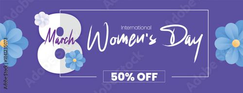 Modern 8 March Women’s Day sale editable horizontal banner template with floral decorations, website header, feminine vector background, stylish social media cover design for promotional marketing