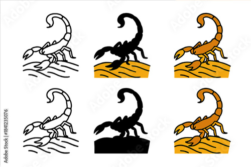 Desert Scorpion Styles. Scorpion Desert Tail, striking desert icon showing a scorpion silhouette curling its tail over rippled