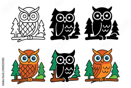 Stylized Owl Spectacles. Owl Branch Spectacles, stylized forest scene combining geometric feathers, curved glasses, and balanced