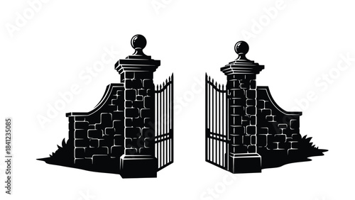 Elegant black and white illustration of ornate stone gate pillars and opening