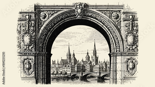 An ornate archway frames a detailed view of a historic city skyline