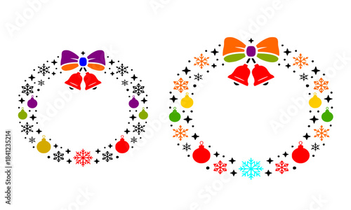 Christmas Wreath Frame with Colorful Ornaments, Snowflakes, Stars and Jingle Bells, Two Variations with Red Bow and Red Bells, Festive Holiday Circle Border, Holiday Clipart Vector Set