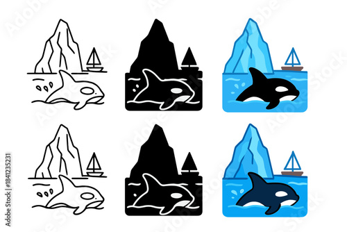 Orca and Iceberg. Orca Iceberg Sail, majestic polar icon showing an orca surfacing beside a tall iceberg under a distant sailboat,