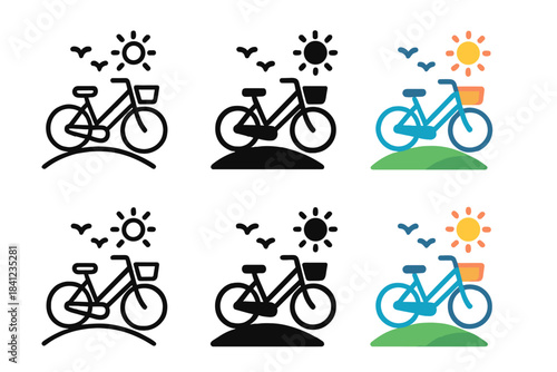 Bicycle Icon Diversity. Bicycle Hill Basket, clean modern icon showing outdoor serenity through line movement and shape clarity,