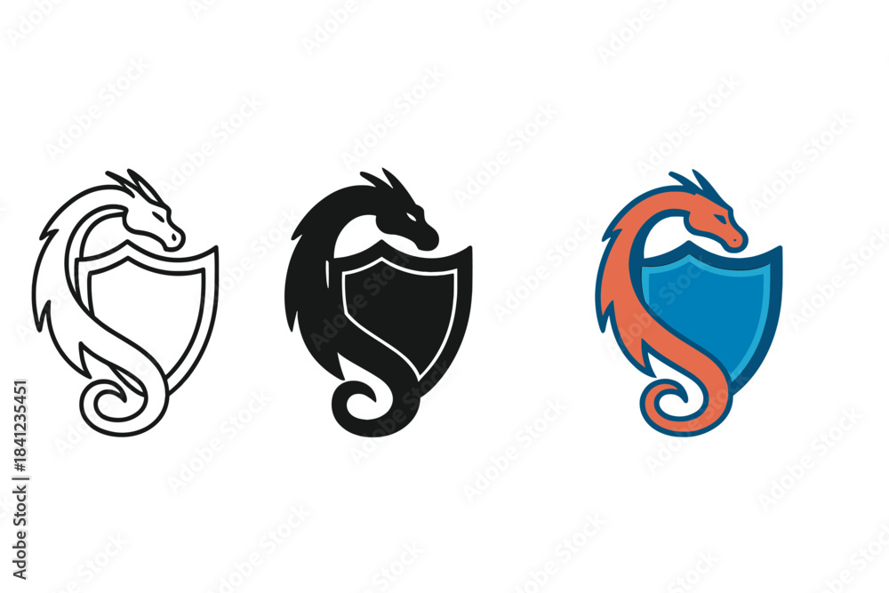 Fototapeta premium Dragon Defense Emblem. Dragon curled at base of shield forming outline of defense crest, smooth geometric flow, first in line