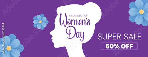 Trendy Women’s Day 8 March social media cover header template with floral decoration, discount sale banner design, feminine silhouette vector background for marketing advertisement collections