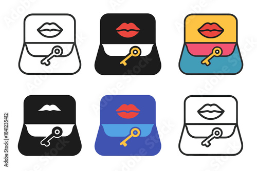 Stylish Purse Elements. Purse with open flap revealing lipstick imprint and metallic key reflection, smooth contours, first in