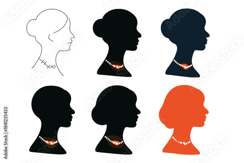 Silhouette Diamond Necklace Styles. Profile silhouette with diamond necklace glowing softly at the base of neck, clean balanced