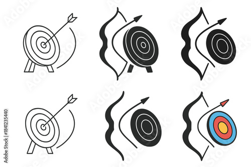 Dynamic Archery Art. Target board with arrow flight motion and curved bow silhouette overlay, smooth dynamic flow, first in line