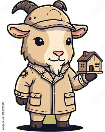 Adventurous Goat Mascot in a Tan Coat Holding a House Model for Real Estate Promotion