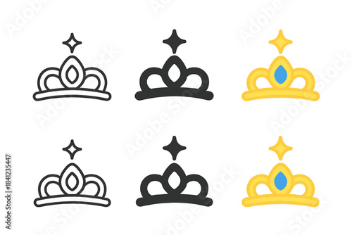 Stylized Tiara Designs. Stylized tiara icon with star-shaped sparkle above jewel, modern balanced motif, first in line style with
