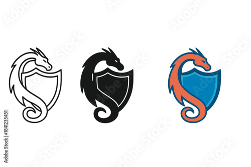 Dragon Defense Emblem. Dragon curled at base of shield forming outline of defense crest, smooth geometric flow, first in line