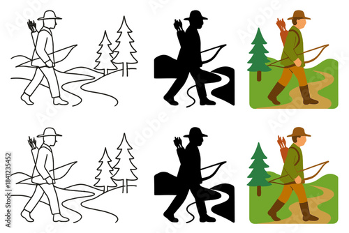 Hunter's Forest Silhouette. Hunter carrying quiver over shoulder walking through forest path, minimal silhouette and detail, first