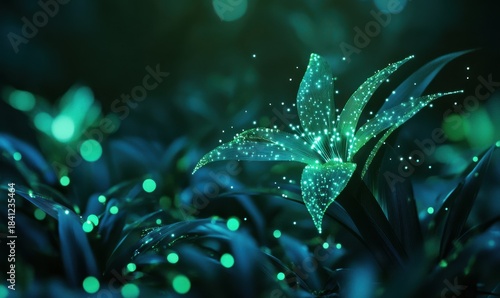 Abstract digital circuit board glowing in shades of blue and green, illuminated by soft diffused light, futuristic technology concept,