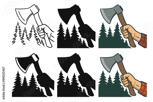Lumberjack Axe Grip. Lumberjack hand gripping axe handle, pine forest silhouette in background, dynamic motion feel, first in line
