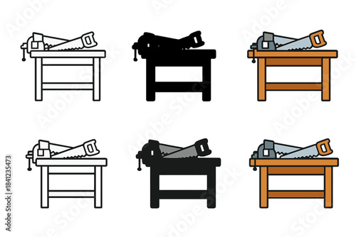 Carpentry Setup Variations. Workbench with vise and saw placed neatly on top, simple carpentry setup, first in line style with