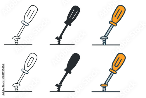 Screwdriver Art Styles. Phillips screwdriver turning screw halfway into surface, simple mechanical perspective, first in line
