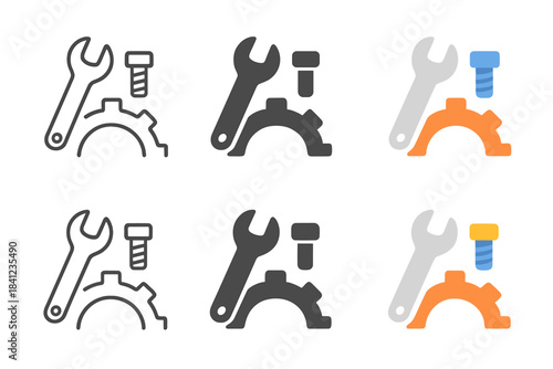 Minimalist Gear and Tools. Wrench and bolt arranged over partial gear arc, minimalist workshop symbol, first in line style with