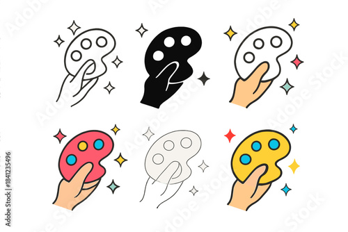 Colorful Palette Sparkles. Hand holding palette surrounded by small colorful sparkles, inspired dreamy atmosphere, first in line