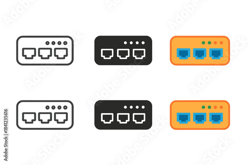 Modern Internet Hub Styles. Modern internet hub with multiple ports and LEDs, first in line style with thin outline, second in