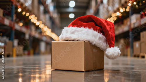 Festive christmas warehouse prepares to dispatch special delivery order. box with santa hat awaits shipment